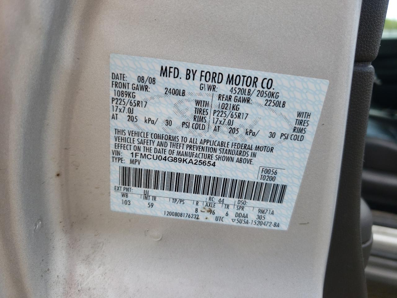 Photo 10 from auction – 2009 FORD ESCAPE LIM with VIN 1FMCU04G89KA25654