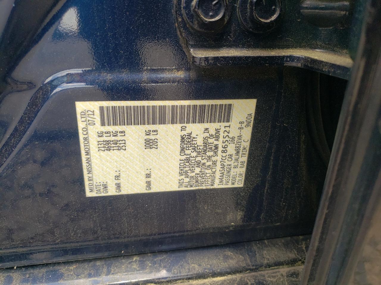 Photo 10 from auction – 2012 NISSAN MAXIMA S with VIN 1N4AA5AP7CC865521