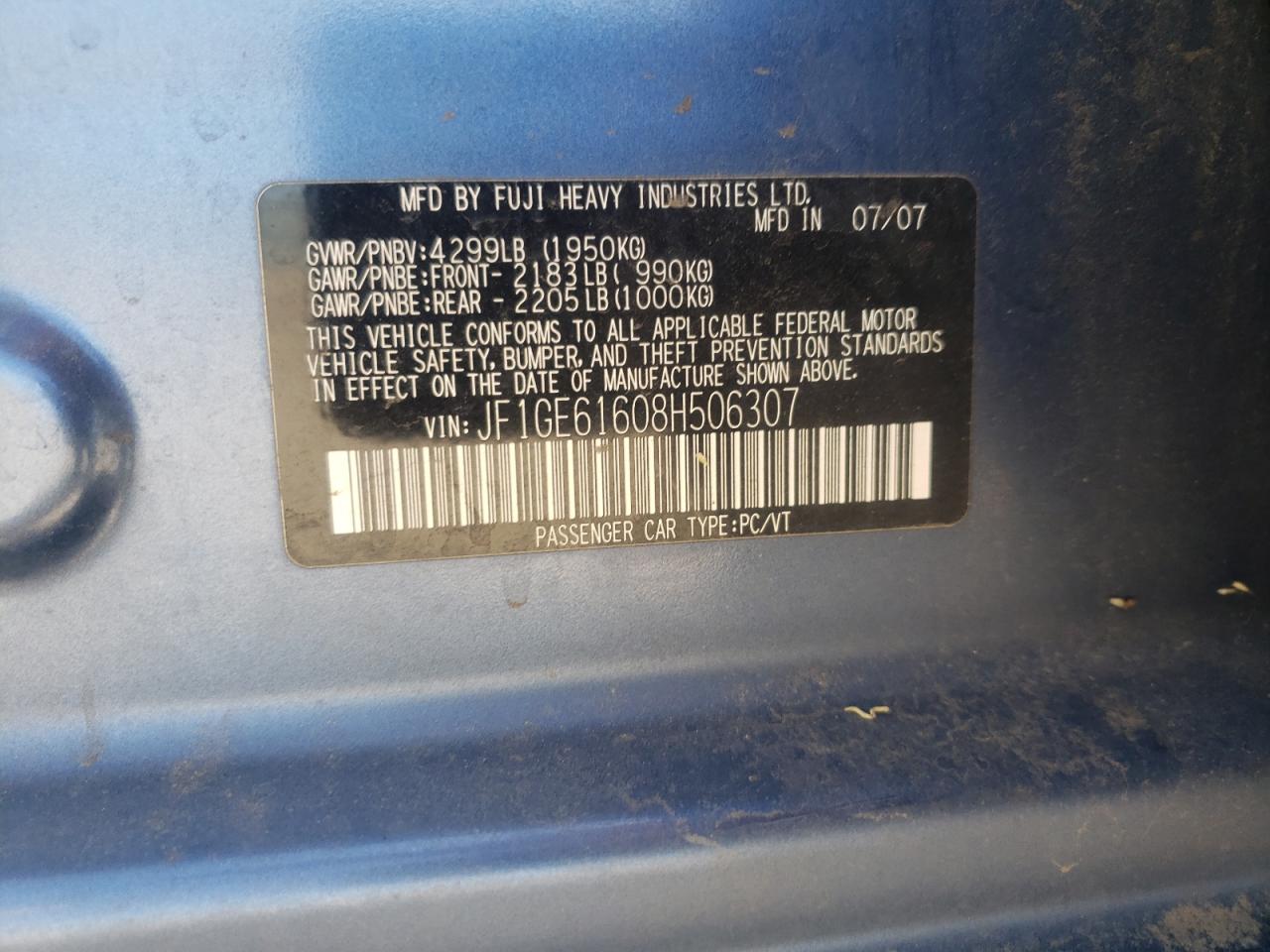 Photo 10 from auction – 2008 SUBARU IMPREZA 2. with VIN JF1GE61608H506307