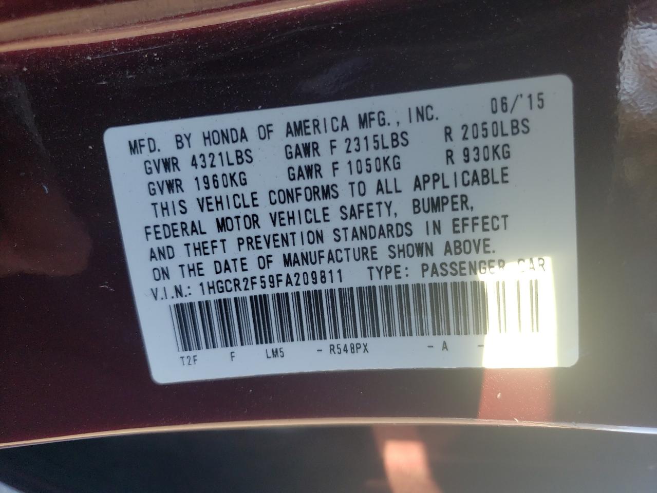 Photo 10 from auction – 2015 HONDA ACCORD SPO with VIN 1HGCR2F59FA209811