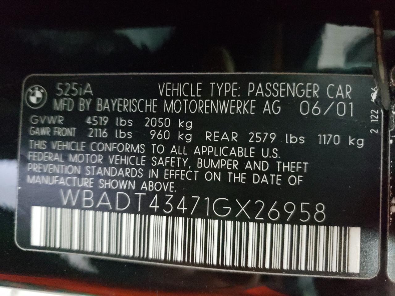 Photo 10 from auction – 2001 BMW 525 I AUTO with VIN WBADT43471GX26958