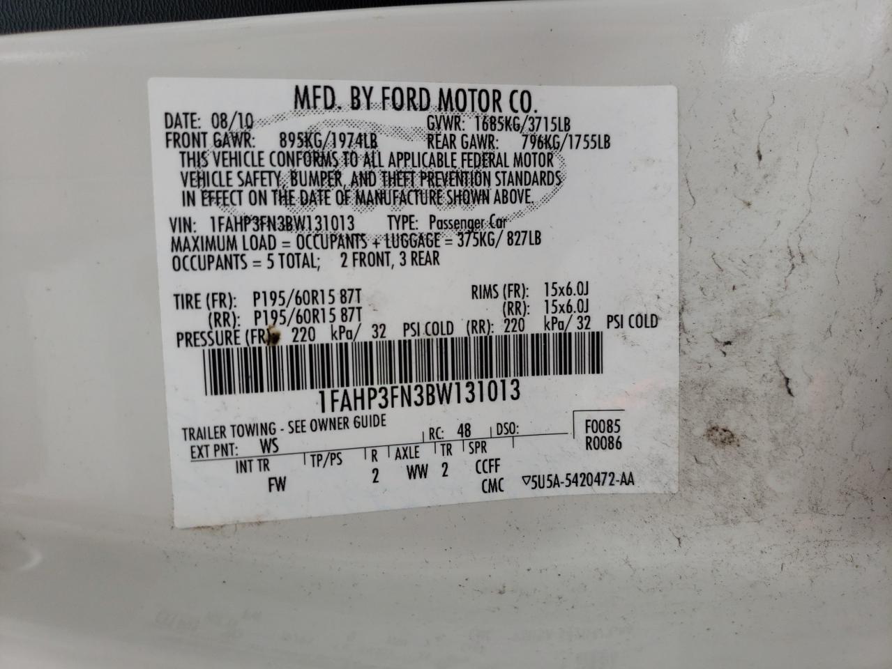 Photo 10 from auction – 2011 FORD FOCUS SE with VIN 1FAHP3FN3BW131013
