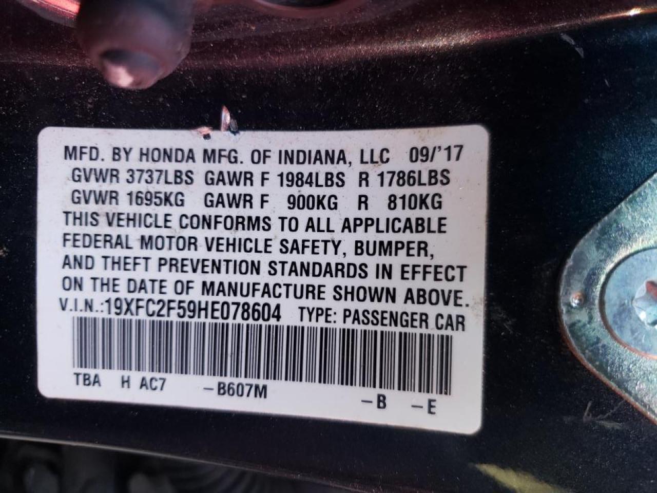 Photo 10 from auction – 2017 HONDA CIVIC LX with VIN 19XFC2F59HE078604