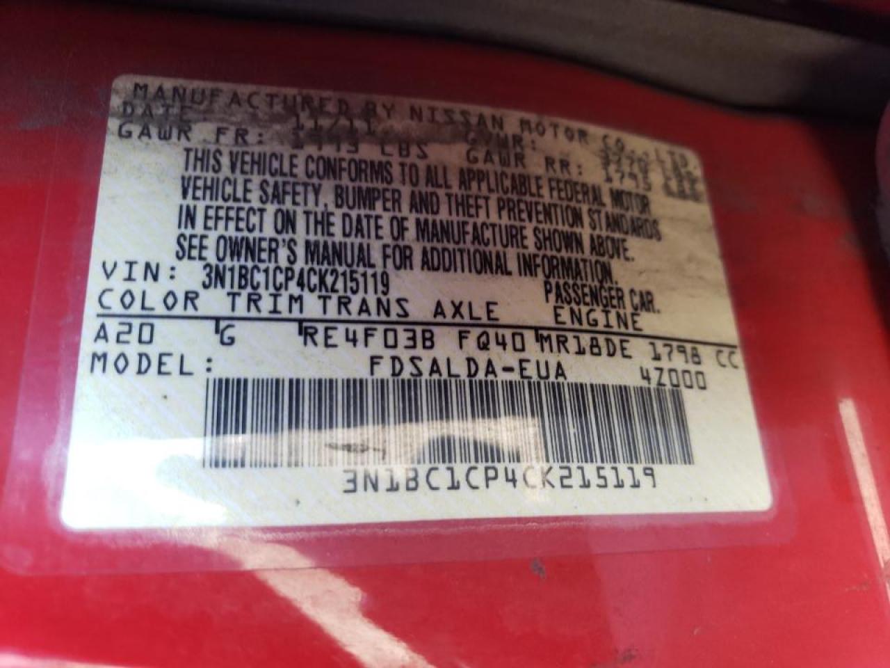 Photo 10 from auction – 2012 NISSAN VERSA S with VIN 3N1BC1CP4CK215119