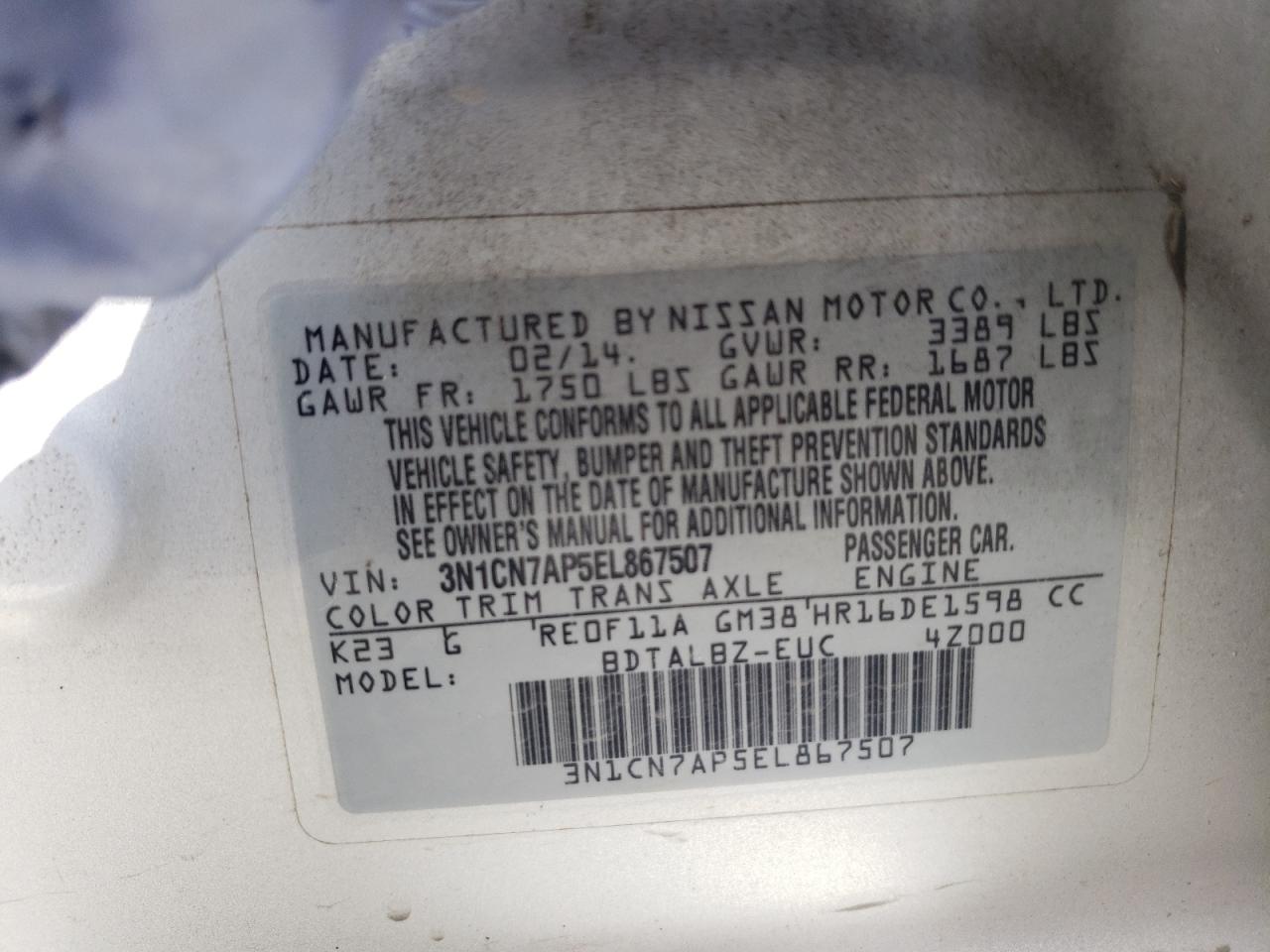 Photo 10 from auction – 2014 NISSAN VERSA S with VIN 3N1CN7AP5EL867507