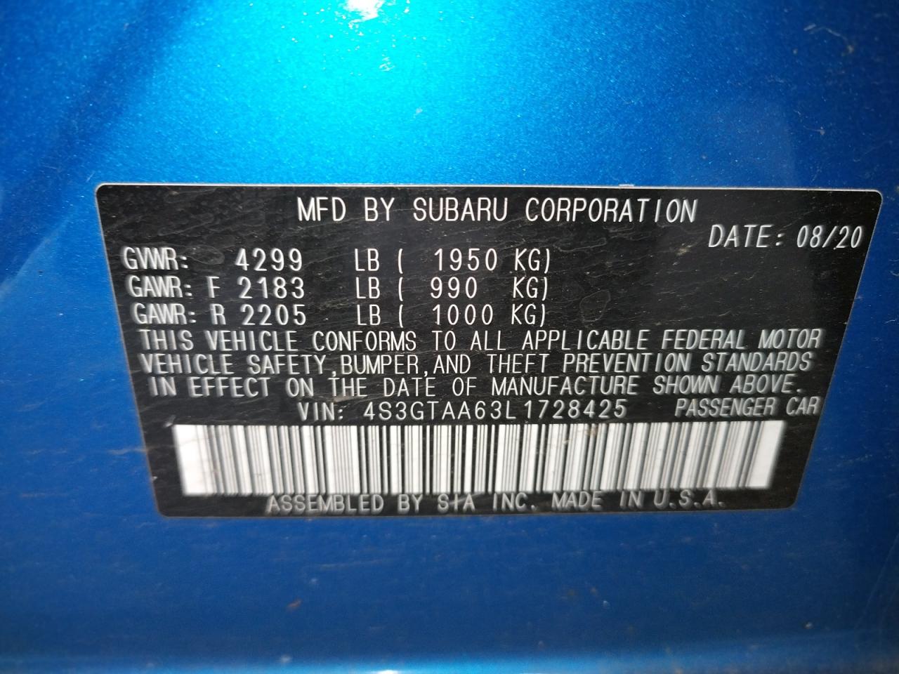 Photo 10 from auction – 2020 SUBARU IMPREZA with VIN 4S3GTAA63L1728425
