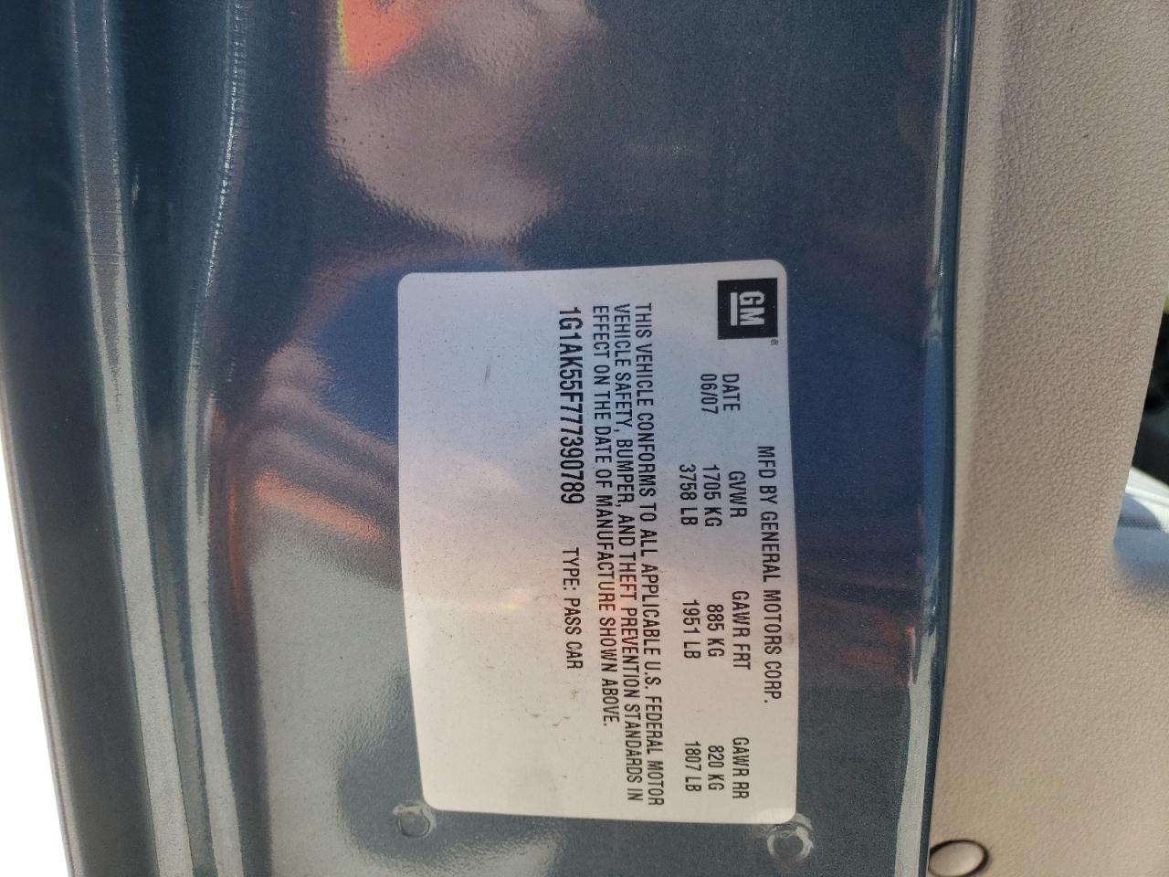 Photo 10 from auction – 2007 CHEVROLET COBALT LS with VIN 1G1AK55F777390789