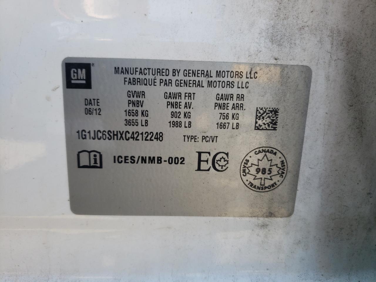 Photo 10 from auction – 2012 CHEVROLET SONIC LT with VIN 1G1JC6SHXC4212248