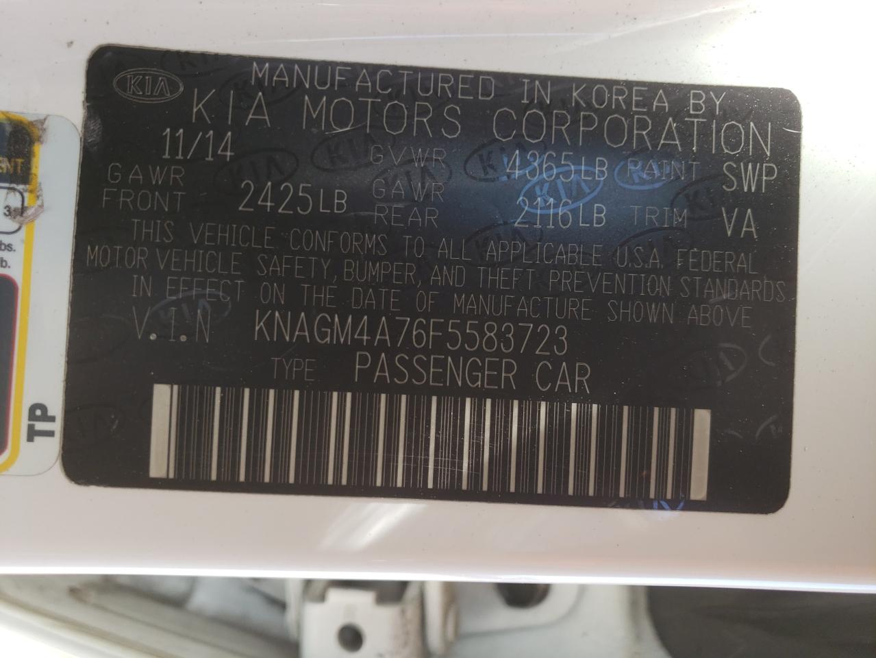 Photo 10 from auction – 2015 KIA OPTIMA LX with VIN KNAGM4A76F5583723