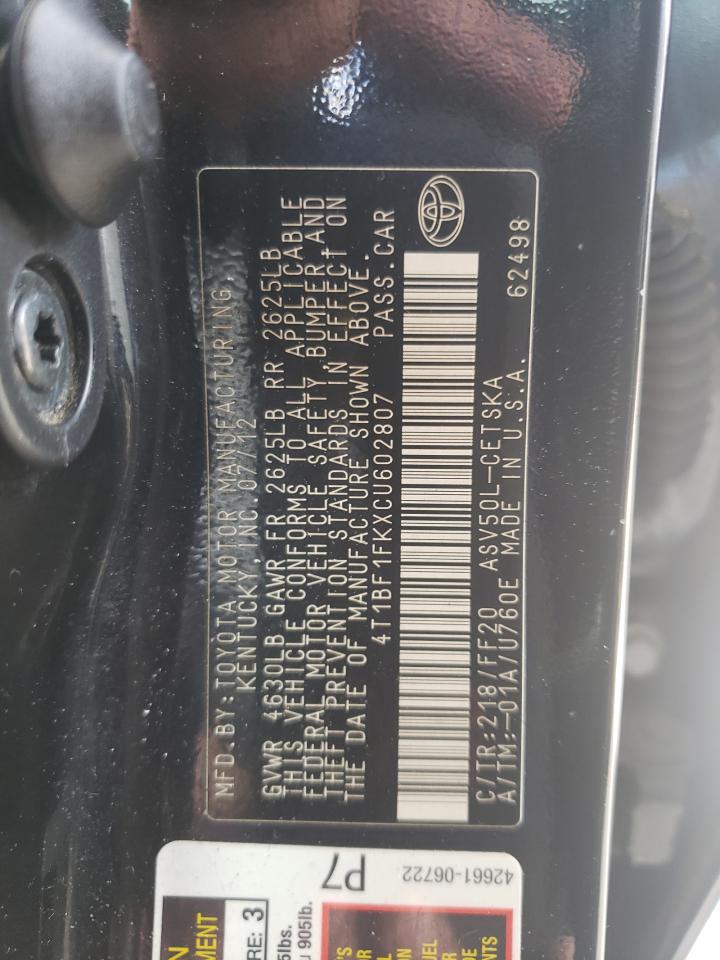 Photo 10 from auction – 2012 TOYOTA CAMRY BASE with VIN 4T1BF1FKXCU602807
