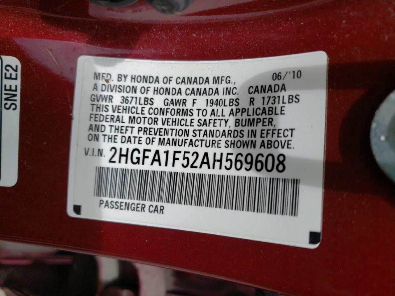 Photo 10 from auction – 2010 HONDA CIVIC LX with VIN 2HGFA1F52AH569608