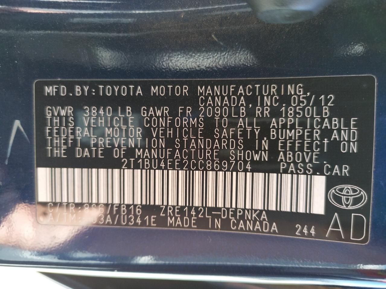 Photo 10 from auction – 2012 TOYOTA COROLLA BA with VIN 2T1BU4EE2CC869704