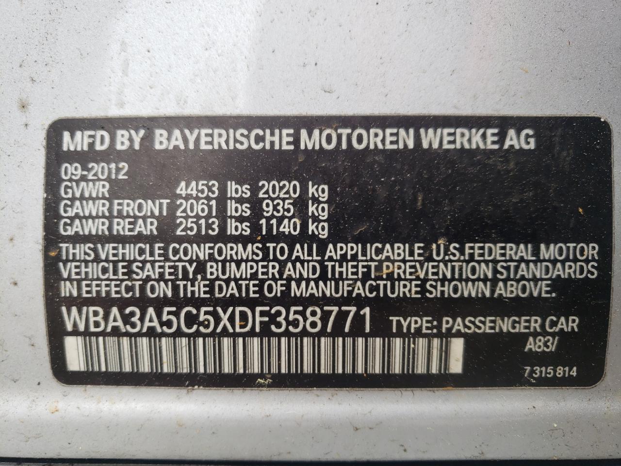 Photo 10 from auction – 2013 BMW 328 I with VIN WBA3A5C5XDF358771