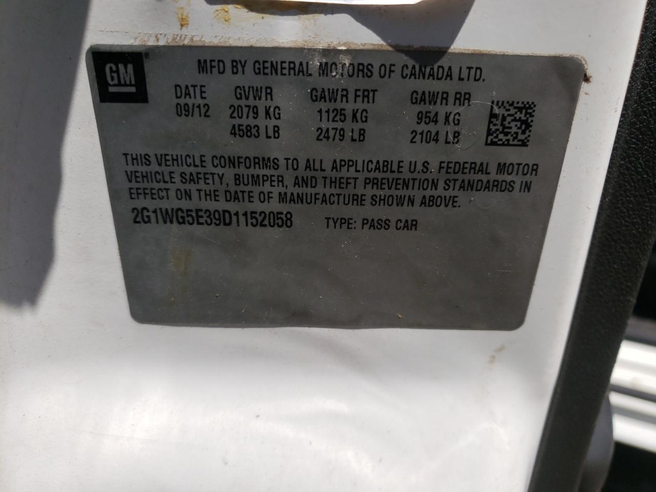Photo 10 from auction – 2013 CHEVROLET IMPALA LT with VIN 2G1WG5E39D1152058