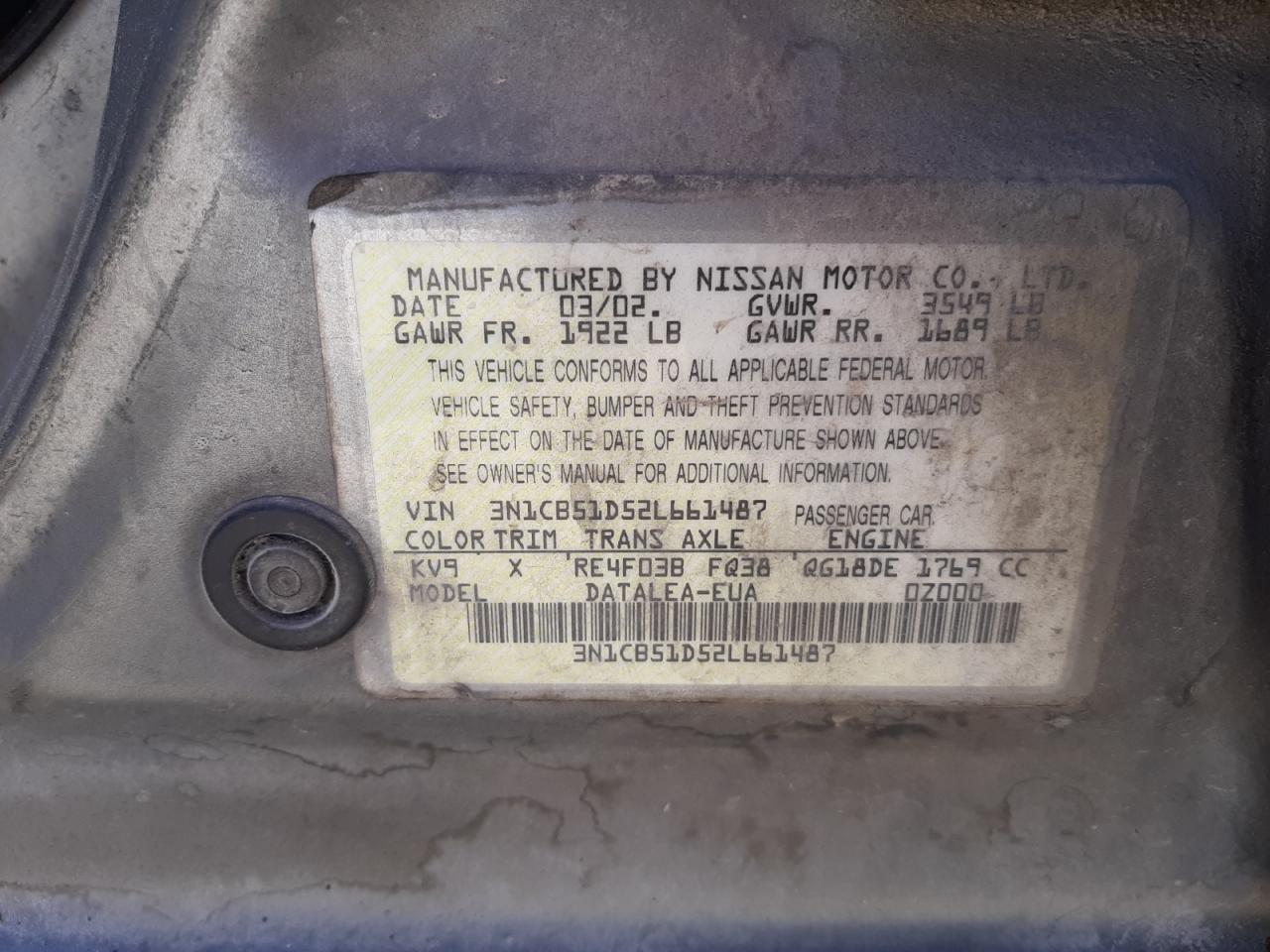 Photo 10 from auction – 2002 NISSAN SENTRA XE with VIN 3N1CB51D52L661487