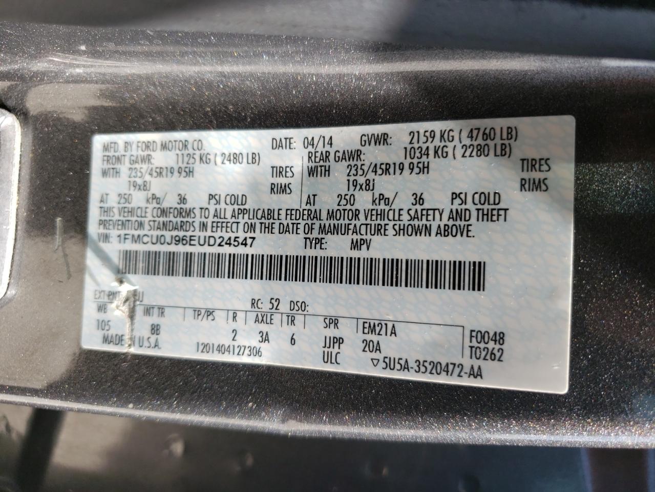 Photo 10 from auction – 2014 FORD ESCAPE TIT with VIN 1FMCU0J96EUD24547