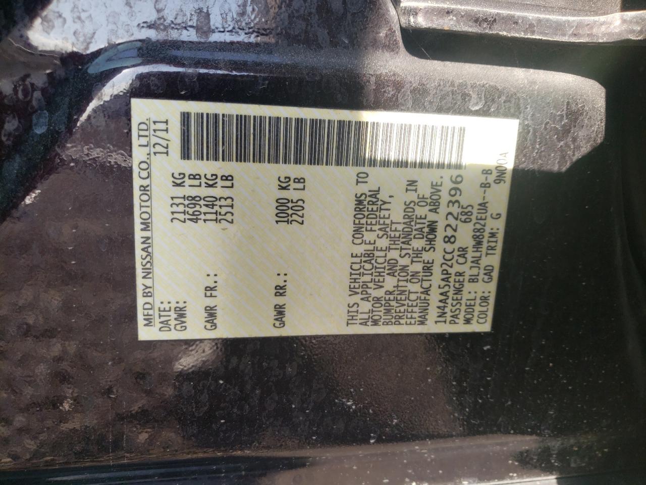 Photo 10 from auction – 2012 NISSAN MAXIMA S with VIN 1N4AA5AP2CC822396