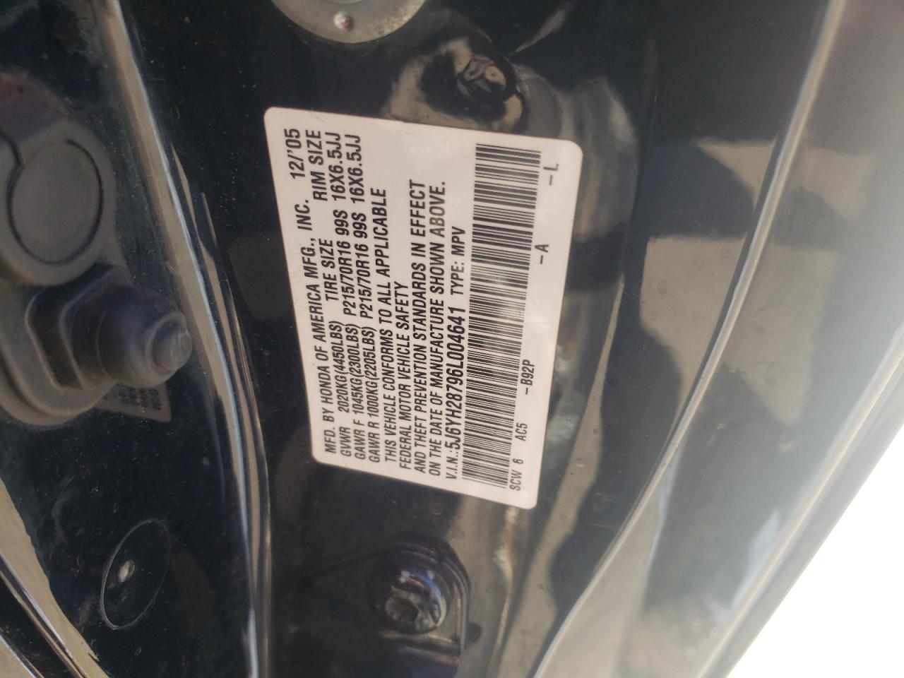 Photo 10 from auction – 2006 HONDA ELEMENT EX with VIN 5J6YH28796L004641