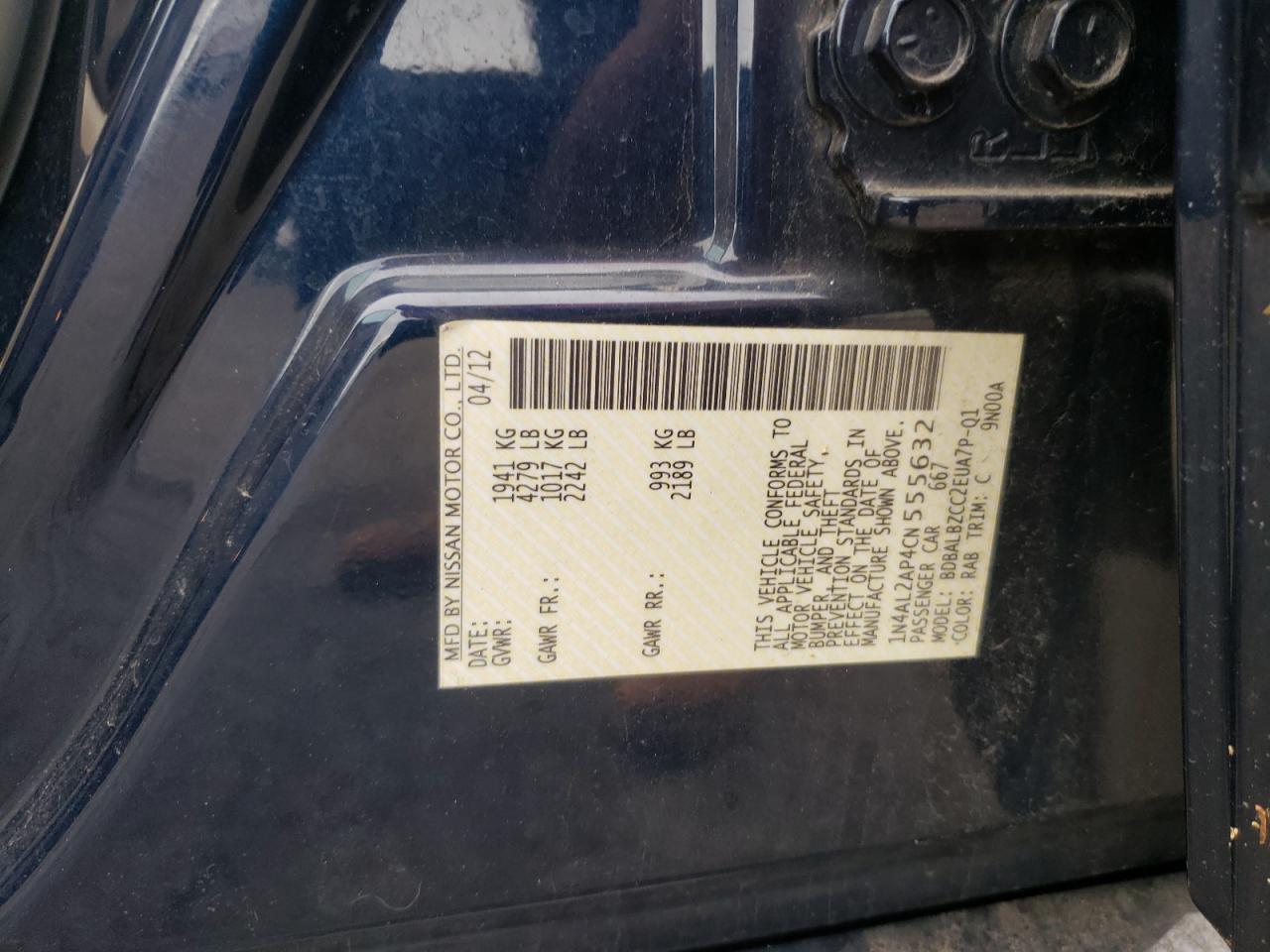Photo 10 from auction – 2012 NISSAN ALTIMA BAS with VIN 1N4AL2AP4CN555632