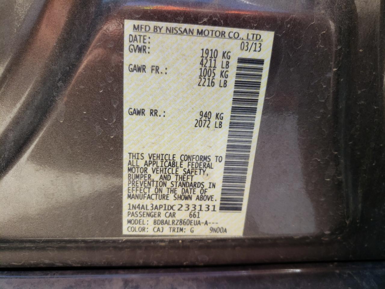 Photo 10 from auction – 2013 NISSAN ALTIMA 2.5 with VIN 1N4AL3AP1DC233131