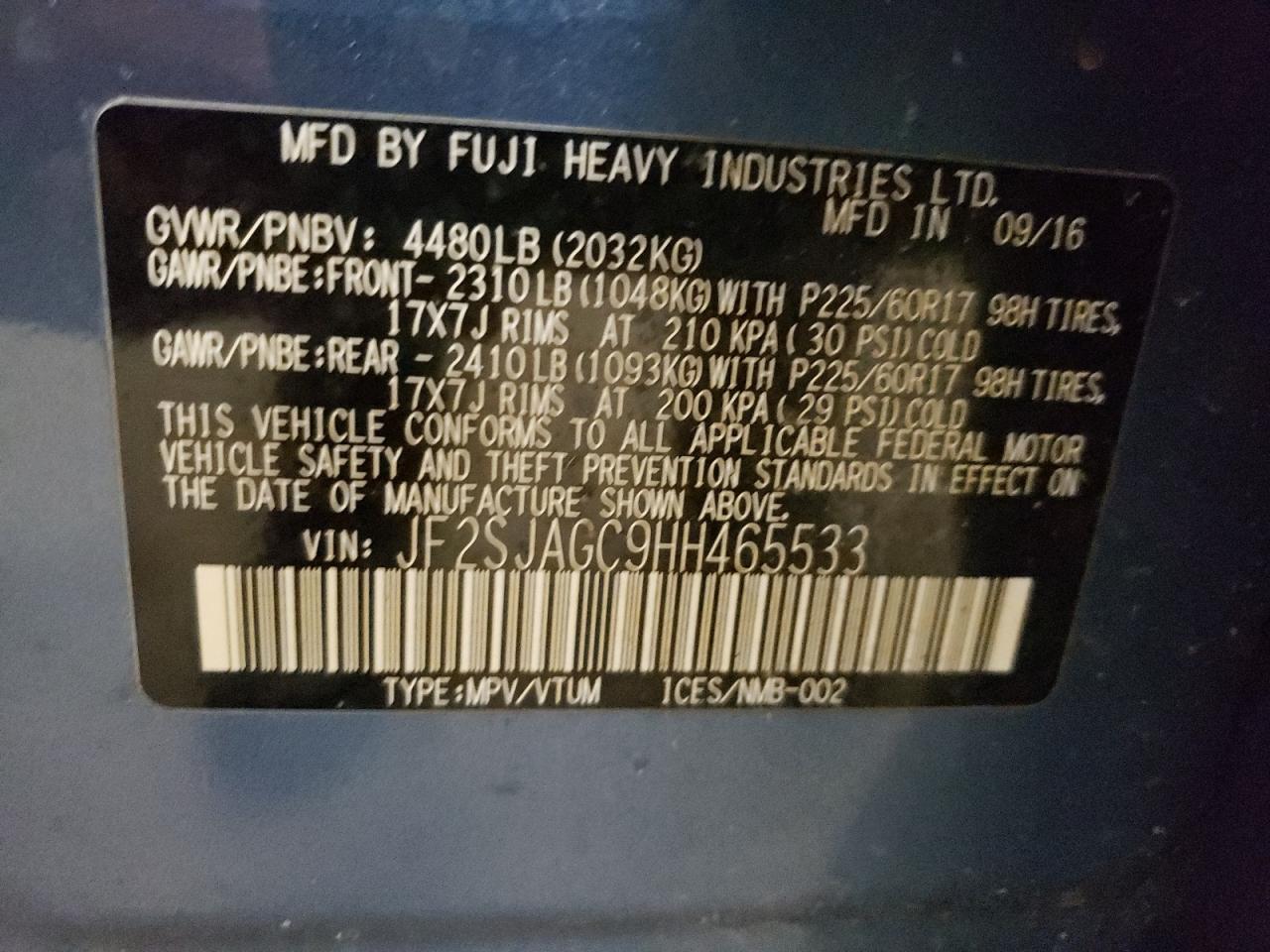 Photo 10 from auction – 2017 SUBARU FORESTER 2 with VIN JF2SJAGC9HH465533