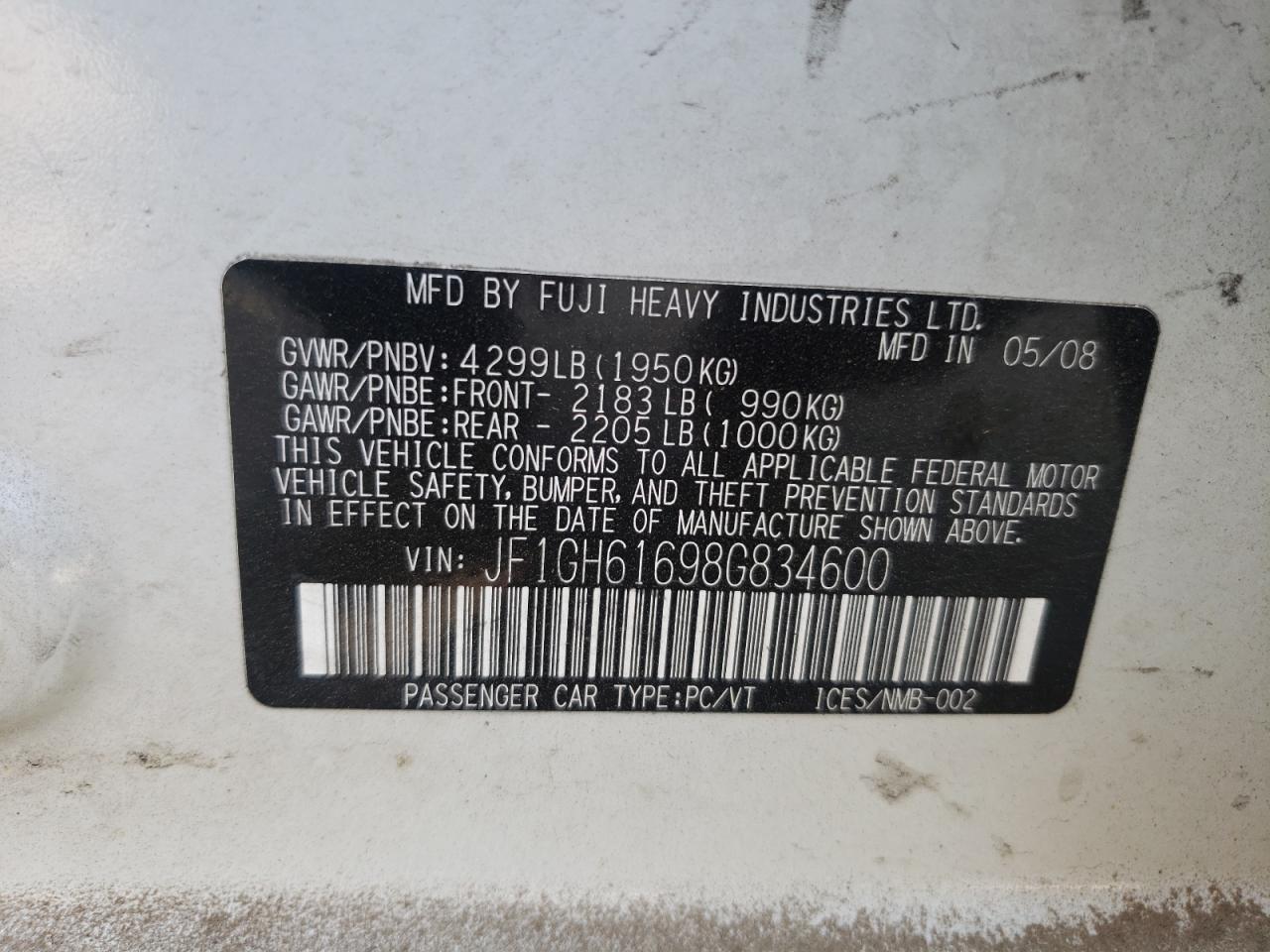 صورة رقم 10 من المزاد - 2008 SUBARU IMPREZA 2. مع VIN JF1GH61698G834600