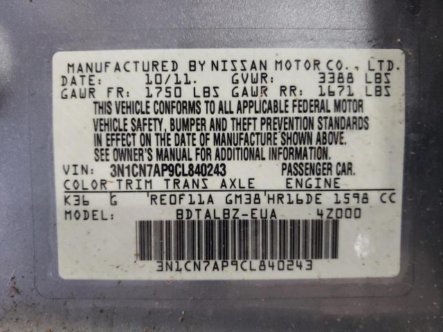 Photo 10 from auction – 2012 NISSAN VERSA S with VIN 3N1CN7AP9CL840243
