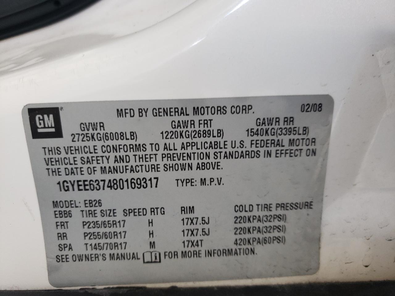 Photo 10 from auction – 2008 CADILLAC SRX with VIN 1GYEE637480169317