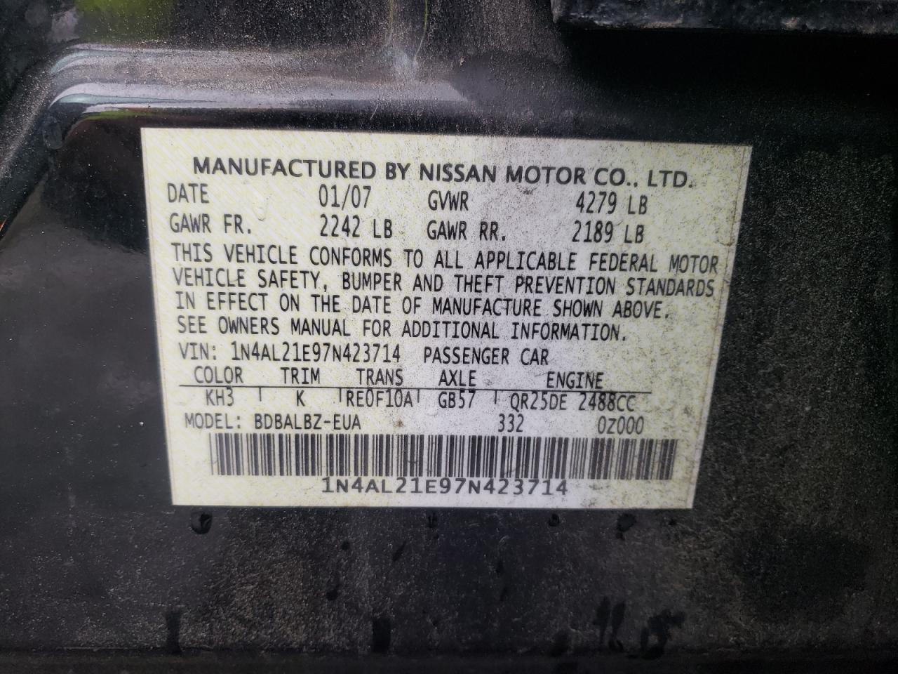 Photo 10 from auction – 2007 NISSAN ALTIMA 2.5 with VIN 1N4AL21E97N423714