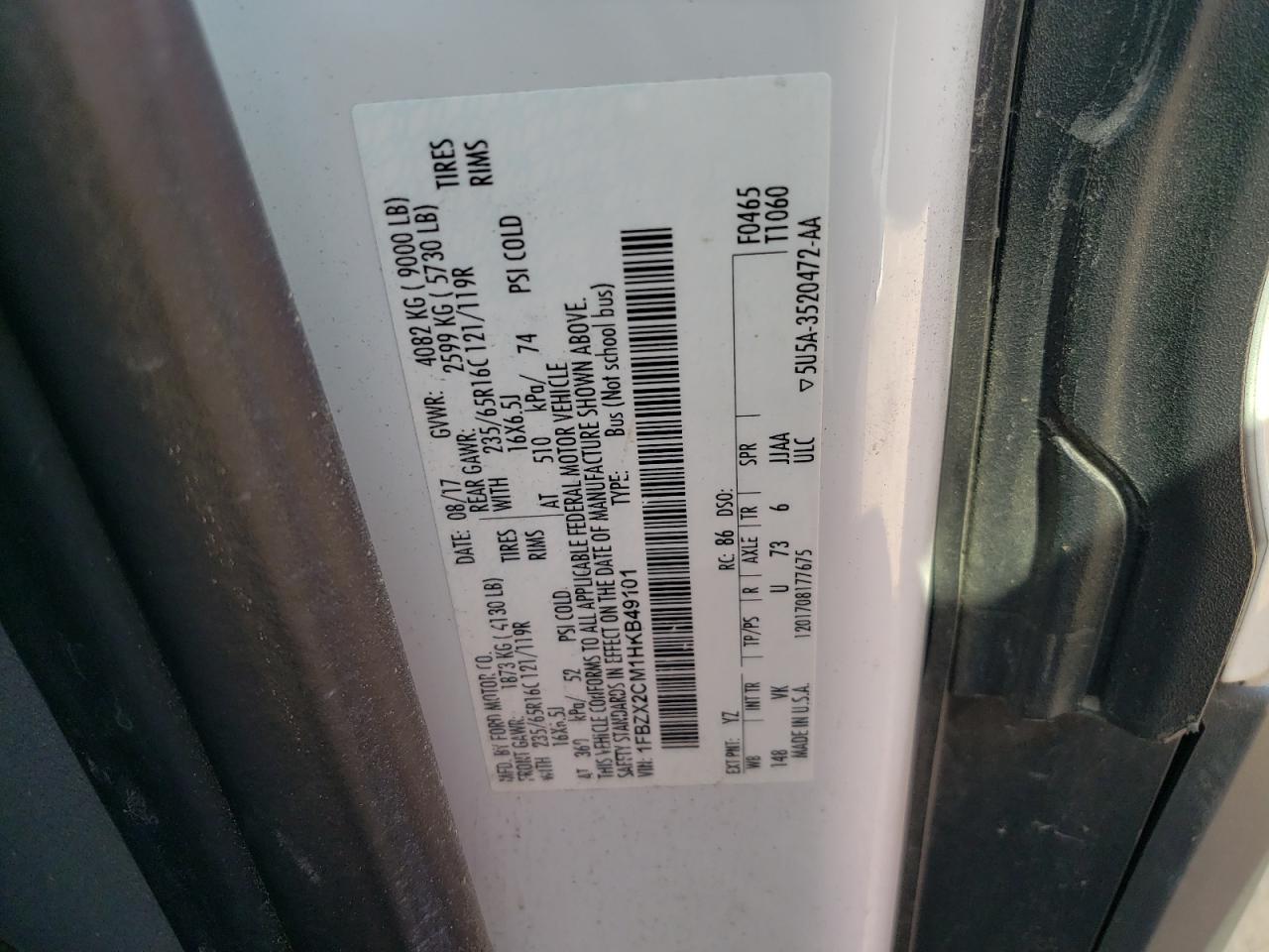 Photo 10 from auction – 2017 FORD TRANSIT T- with VIN 1FBZX2CM1HKB49101
