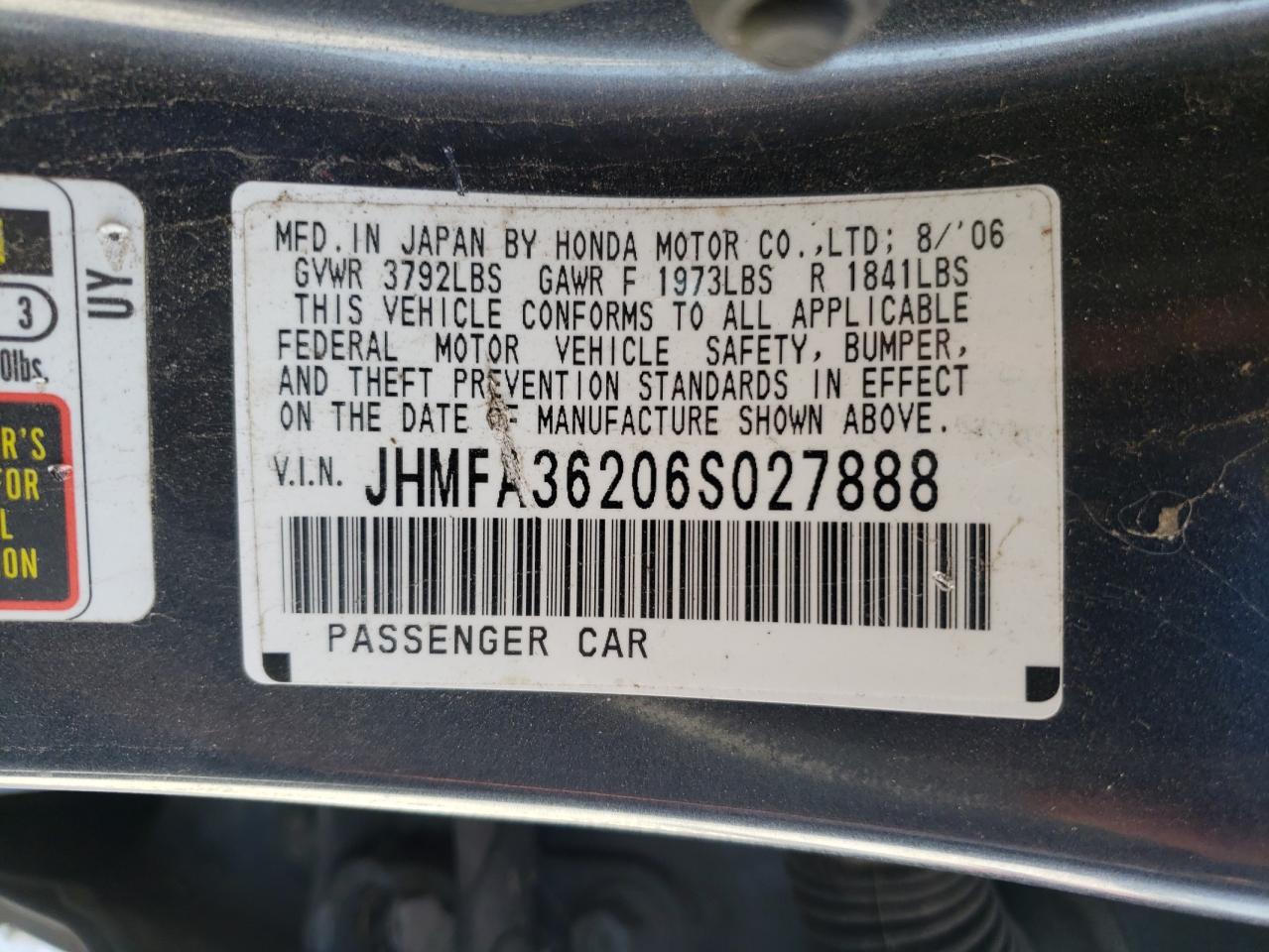 Photo 10 from auction – 2006 HONDA CIVIC HYBR with VIN JHMFA36206S027888