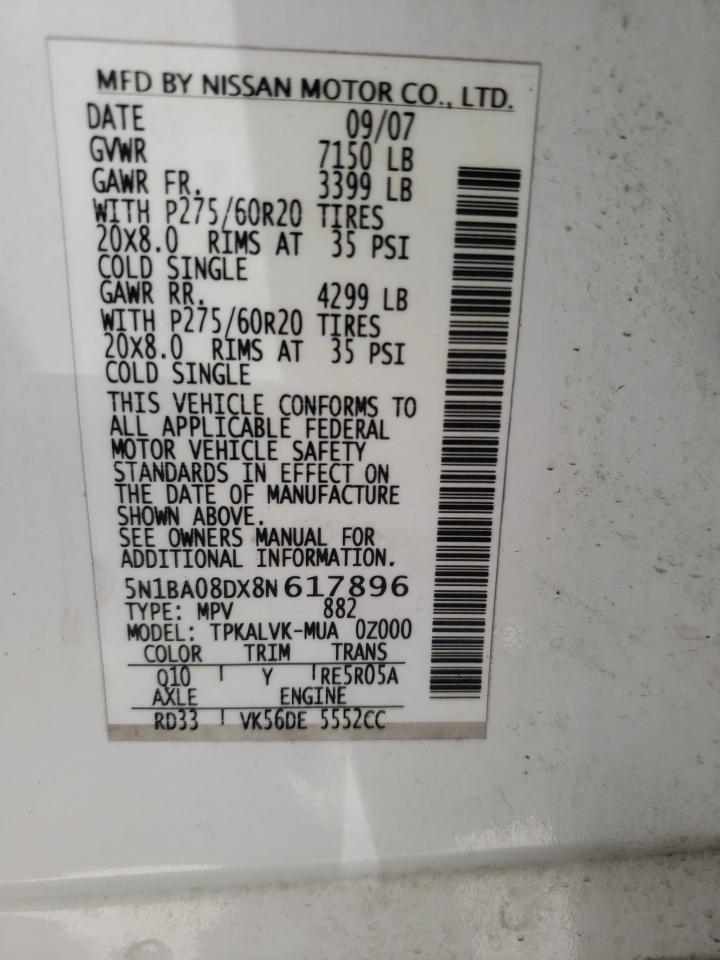 Photo 10 from auction – 2008 NISSAN ARMADA SE with VIN 5N1BA08DX8N617896