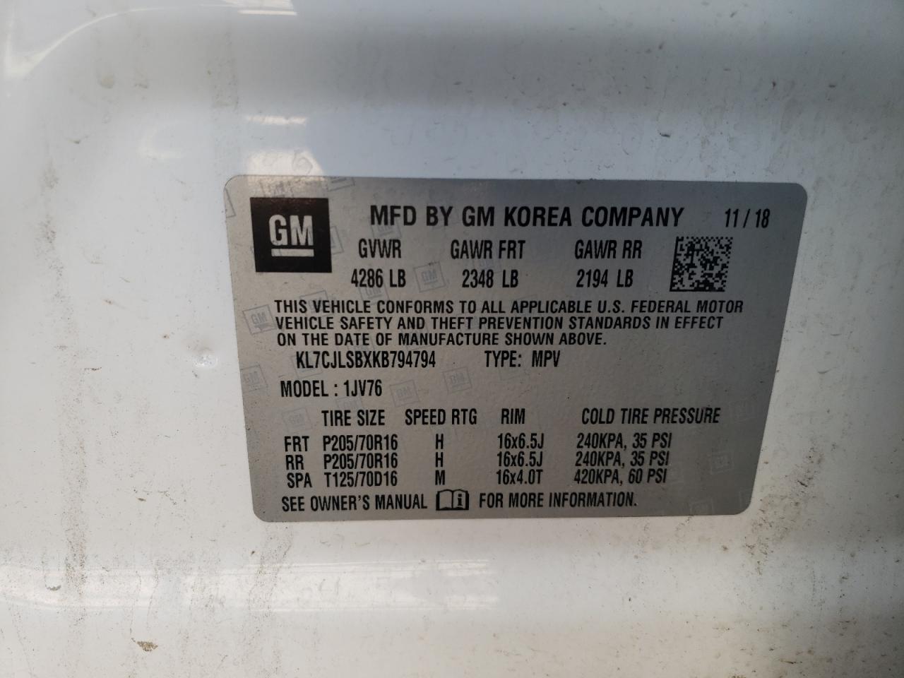 Photo 10 from auction – 2019 CHEVROLET TRAX 1LT with VIN KL7CJLSBXKB794794