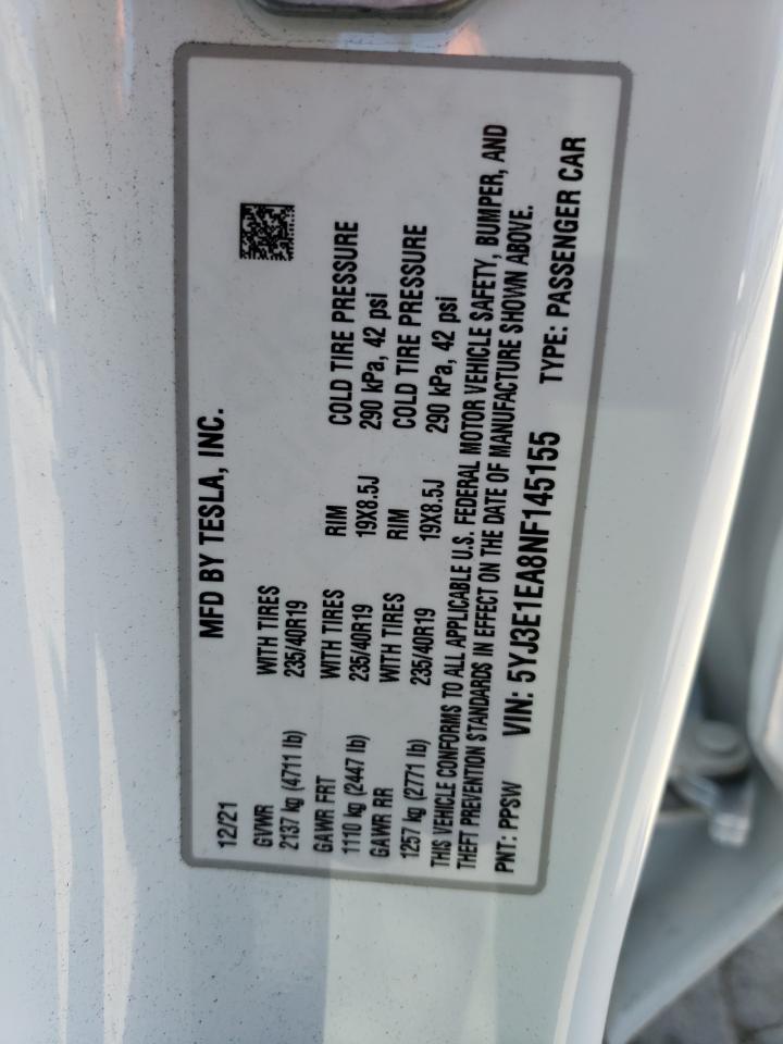 Photo 10 from auction – 2022 TESLA MODEL 3 with VIN 5YJ3E1EA8NF145155