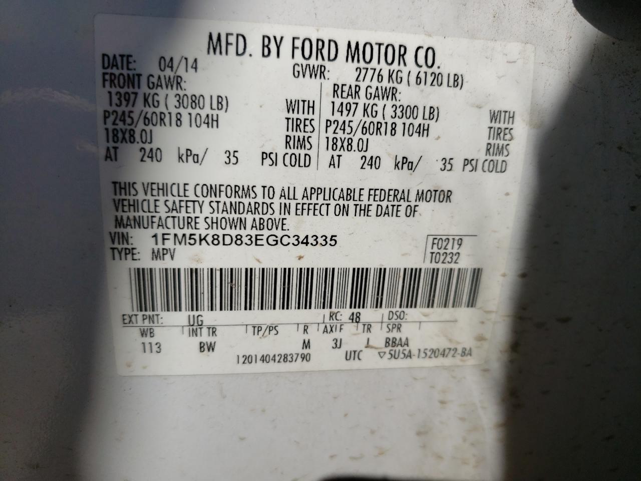 Photo 10 from auction – 2014 FORD EXPLORER X with VIN 1FM5K8D83EGC34335