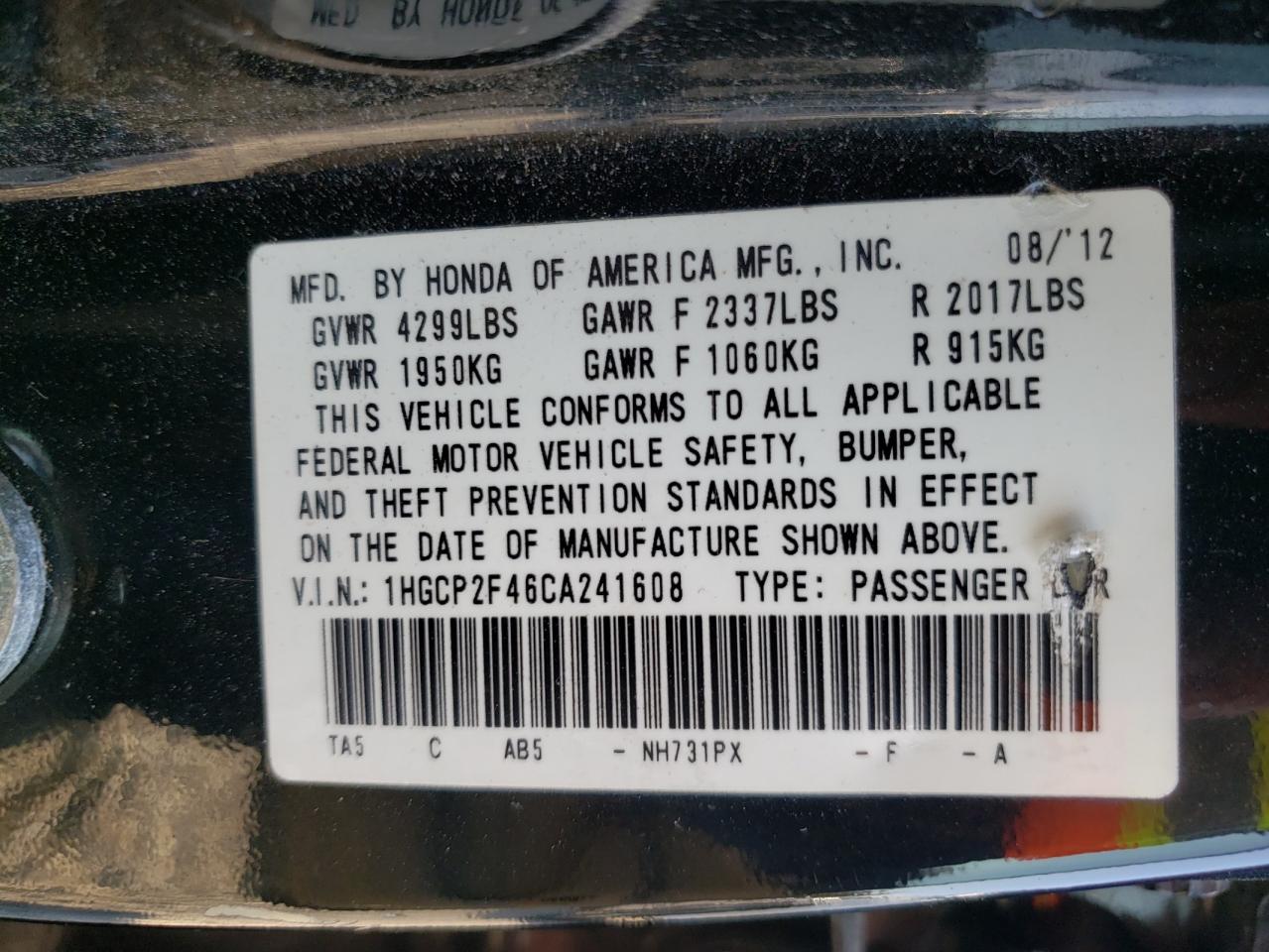 Photo 10 from auction – 2012 HONDA ACCORD LXP with VIN 1HGCP2F46CA241608
