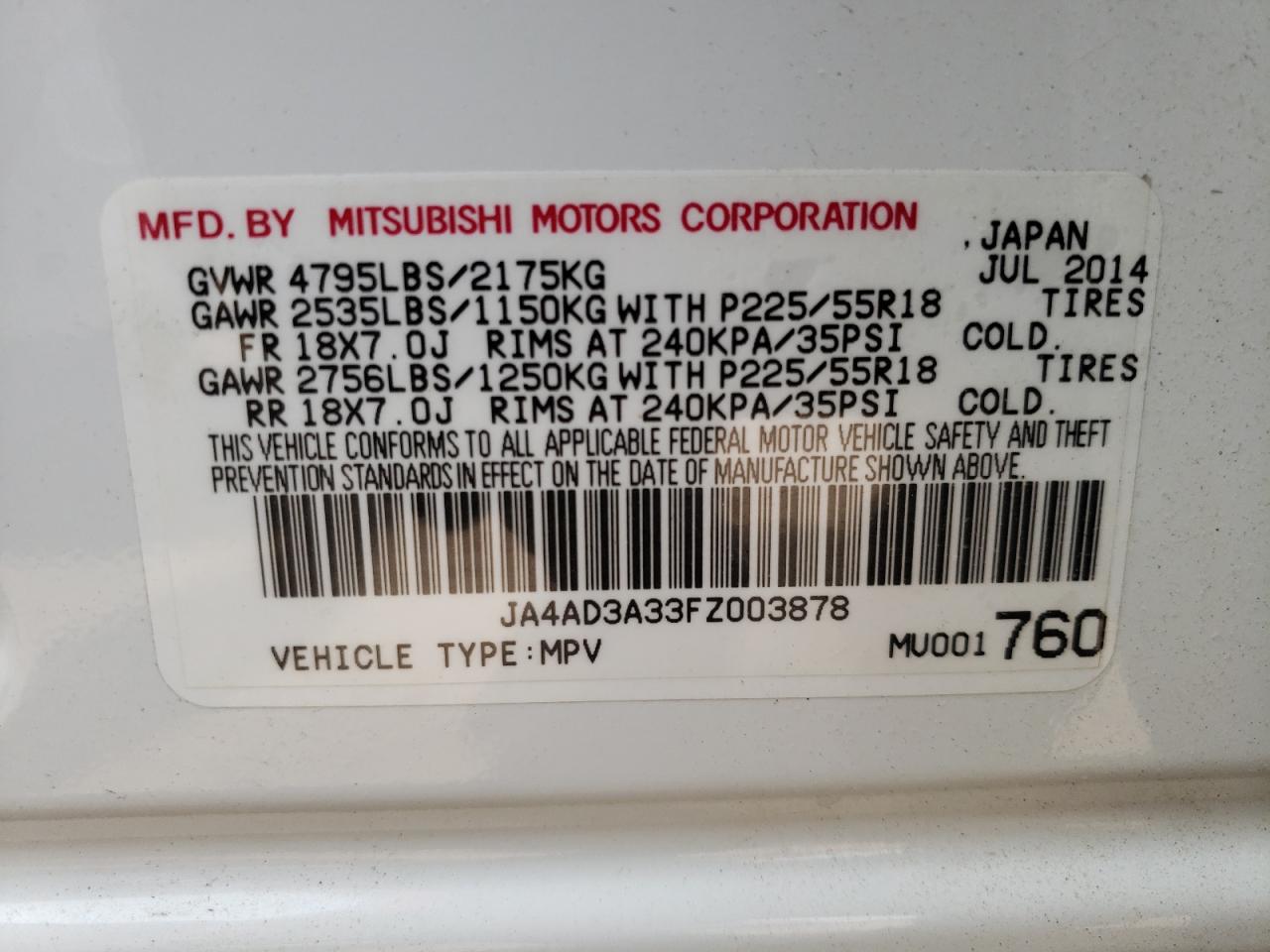 Photo 10 from auction – 2015 MITSUBISHI OUTLANDER with VIN JA4AD3A33FZ003878