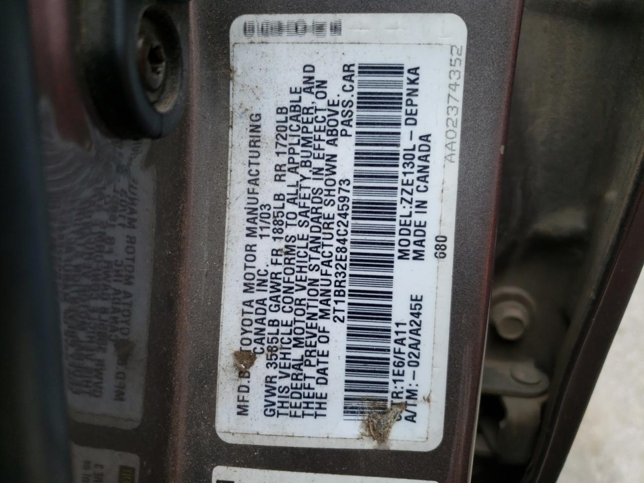Photo 10 from auction – 2004 TOYOTA COROLLA CE with VIN 2T1BR32E84C245973