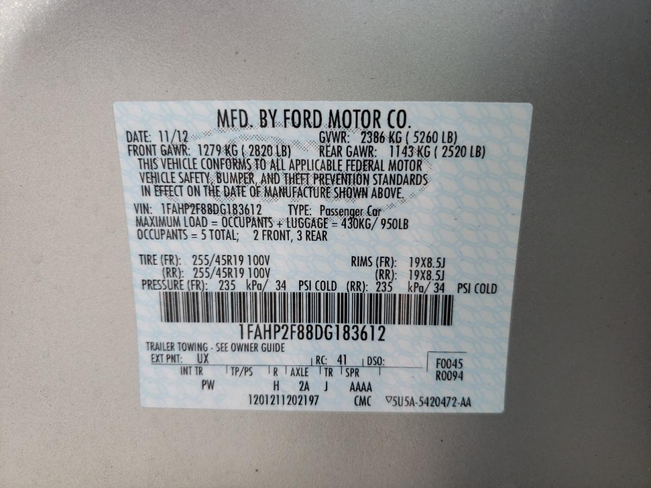 Photo 10 from auction – 2013 FORD TAURUS LIM with VIN 1FAHP2F88DG183612