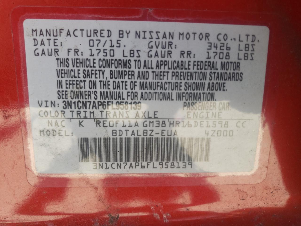 Photo 10 from auction – 2015 NISSAN VERSA S with VIN 3N1CN7AP6FL958139