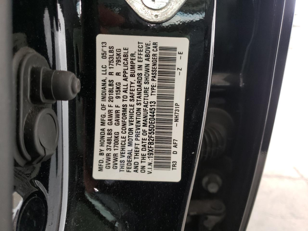 Photo 10 from auction – 2013 HONDA CIVIC LX with VIN 19XFB2F55DE044513