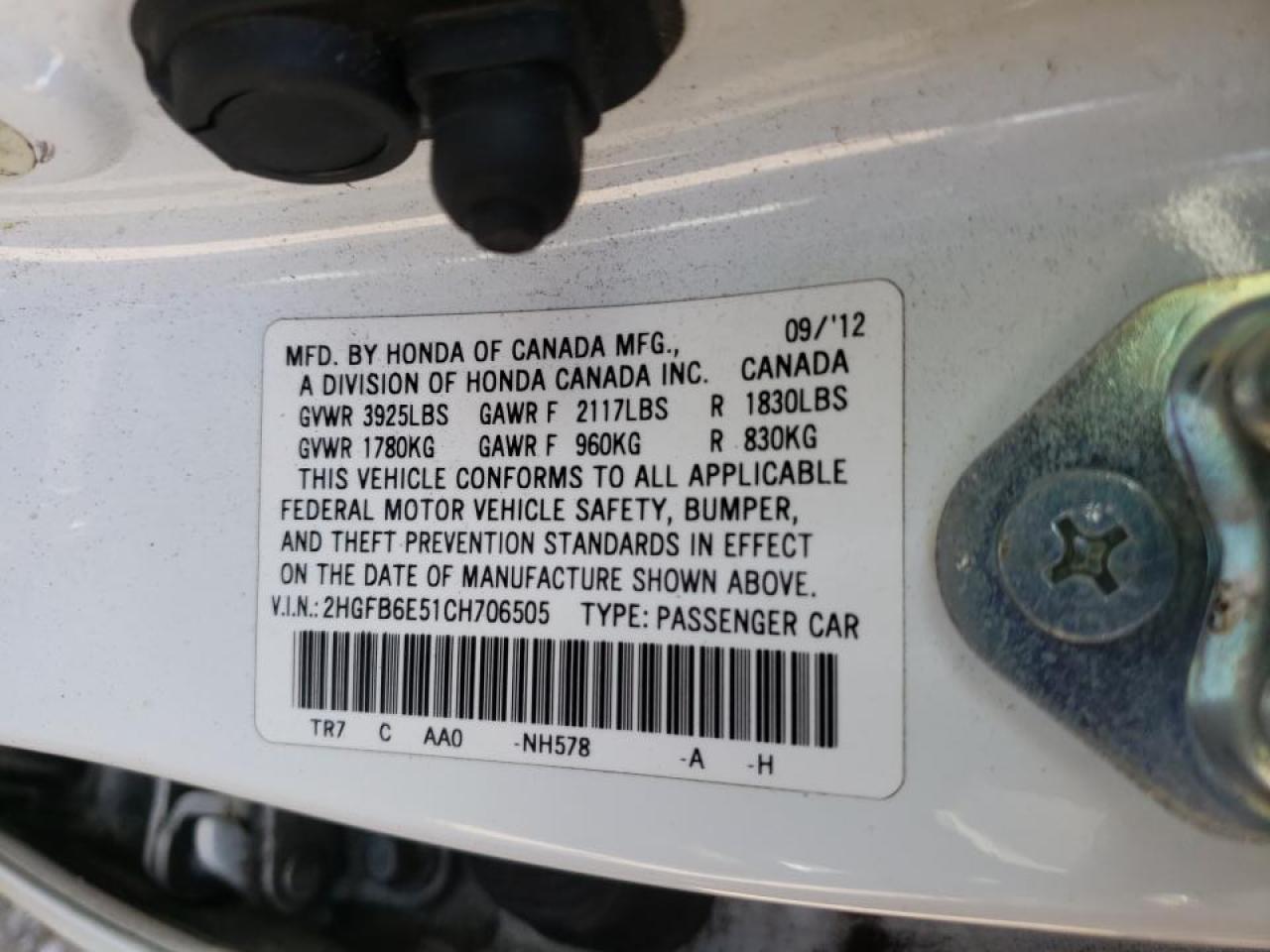 Photo 10 from auction – 2012 HONDA CIVIC SI with VIN 2HGFB6E51CH706505