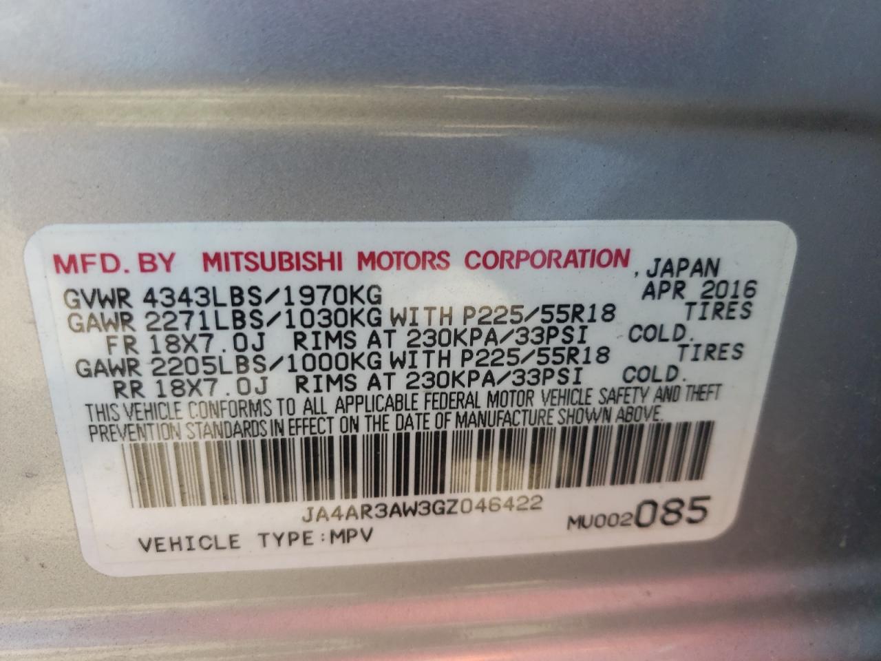 Photo 10 from auction – 2016 MITSUBISHI OUTLANDER with VIN JA4AR3AW3GZ046422