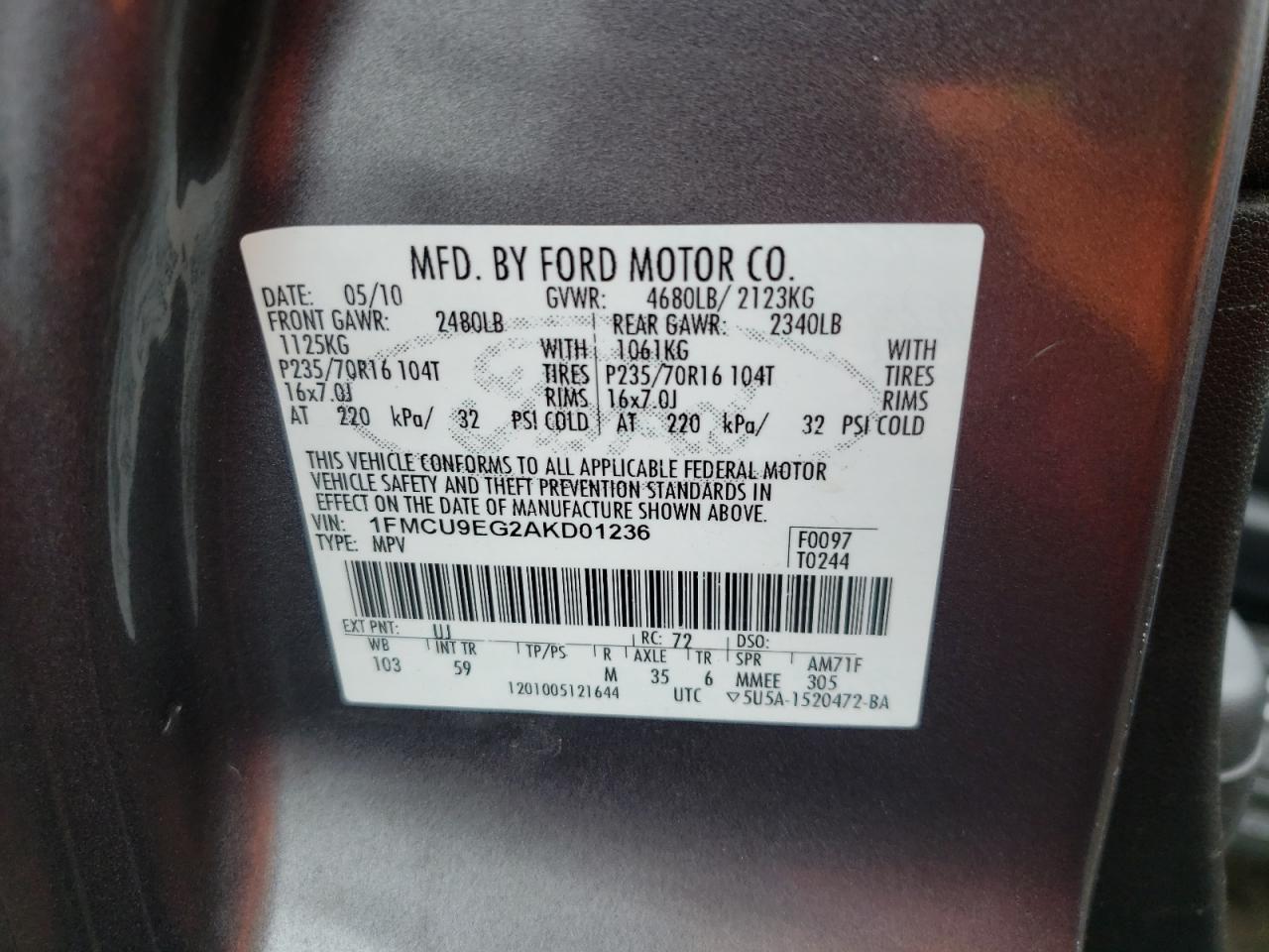 Photo 10 from auction – 2010 FORD ESCAPE LIM with VIN 1FMCU9EG2AKD01236