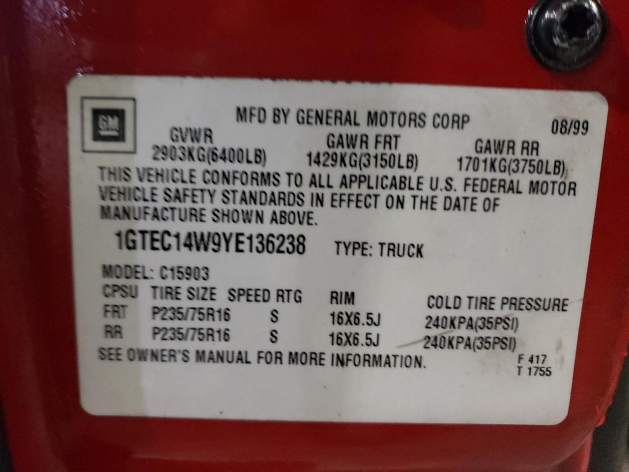 Photo 10 from auction – 2000 GMC NEW SIERRA with VIN 1GTEC14W9YE136238