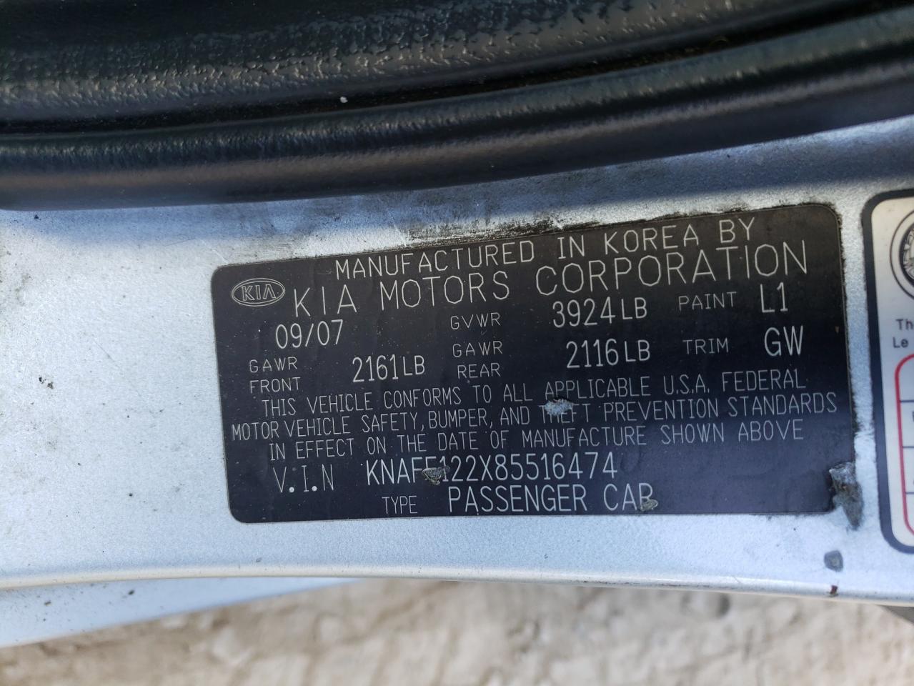 Photo 10 from auction – 2008 KIA SPECTRA EX with VIN KNAFE122X85516474