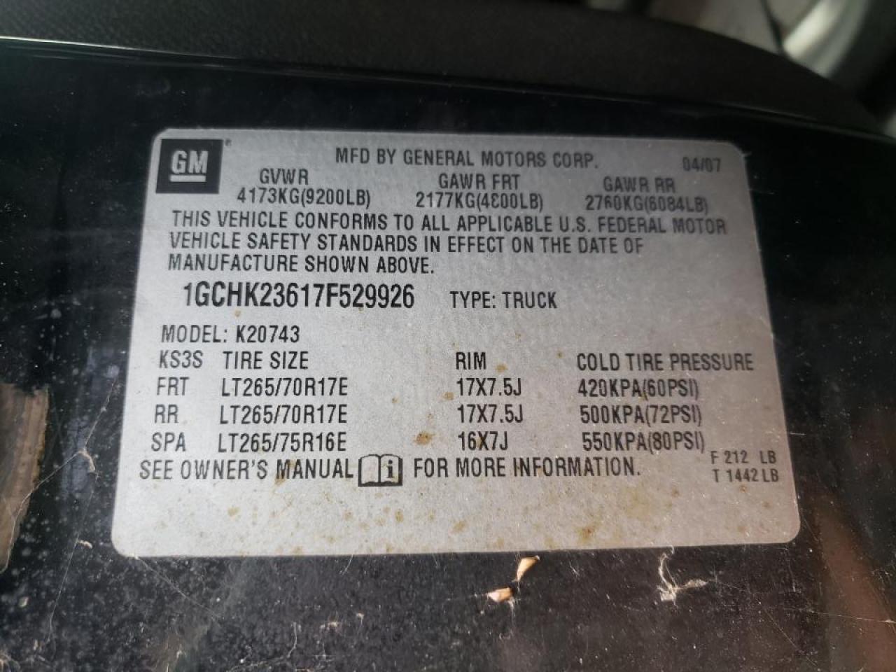 Photo 10 from auction – 2007 CHEVROLET SILVERADO with VIN 1GCHK23617F529926