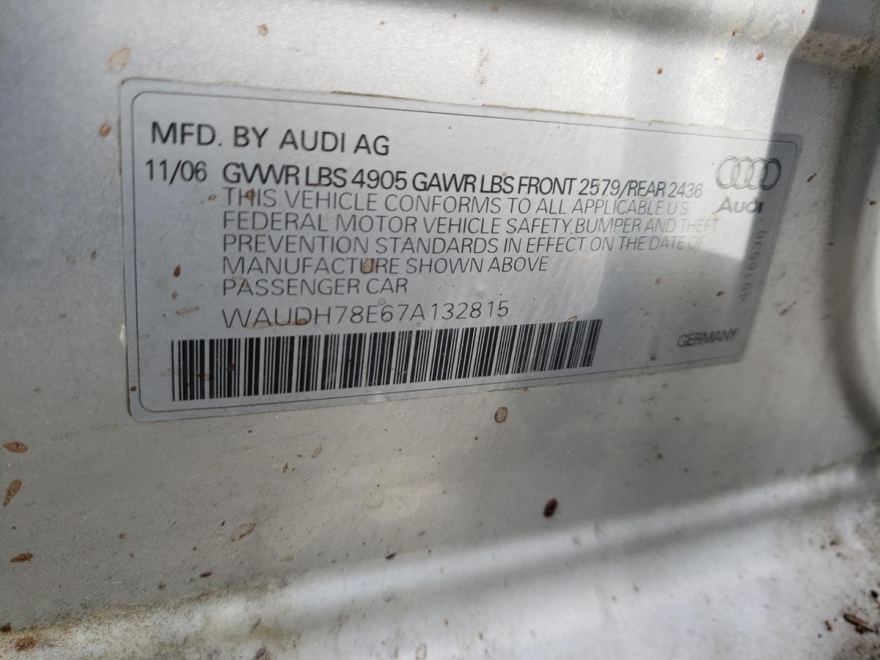 Foto 10 de la subasta – 2007 AUDI A4 3.2 QUA con VIN WAUDH78E67A132815