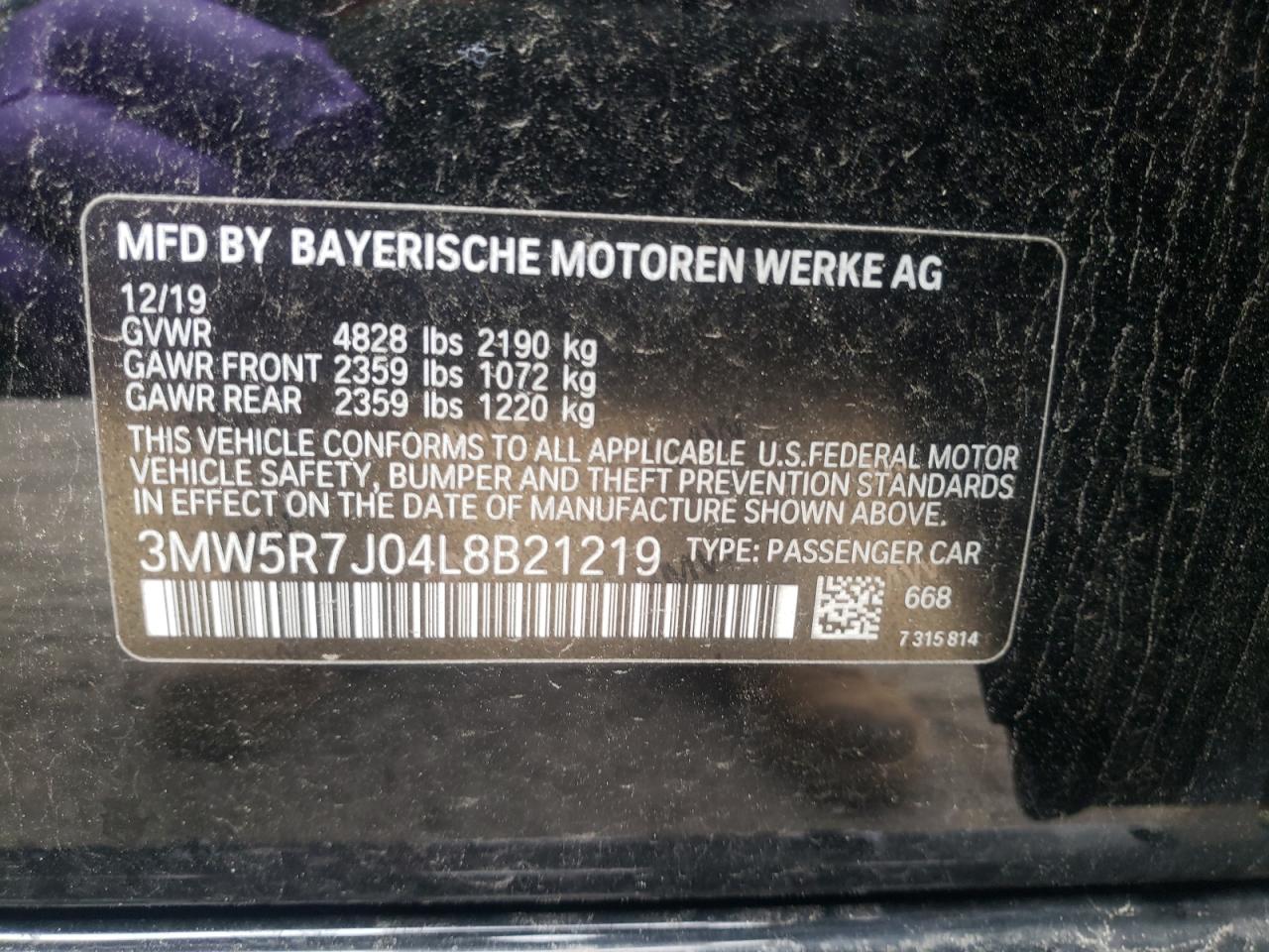 Photo 10 from auction – 2020 BMW 330XI with VIN 3MW5R7J04L8B21219