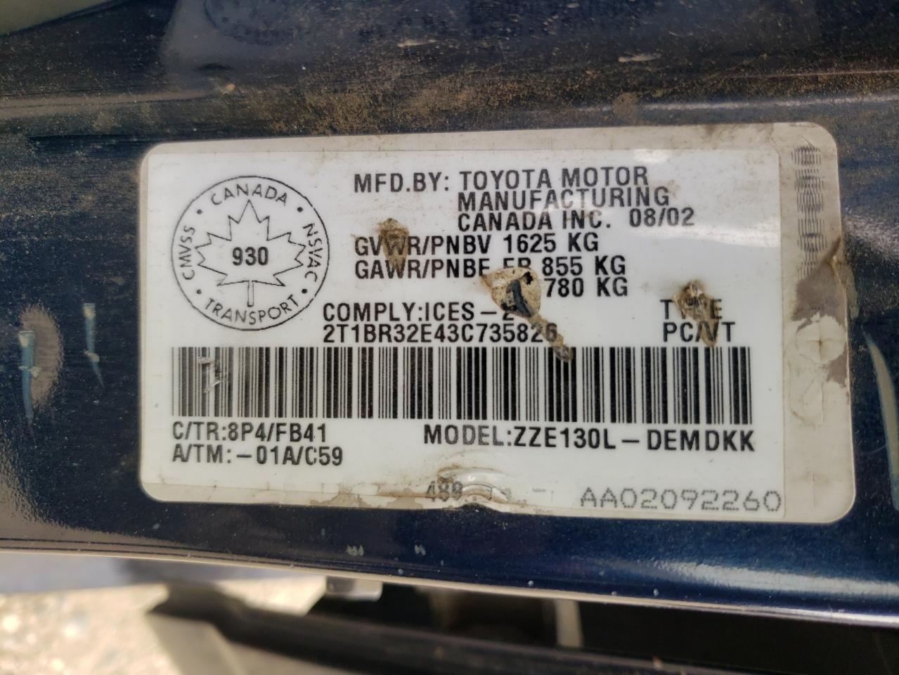Photo 10 from auction – 2003 TOYOTA COROLLA CE with VIN 2T1BR32E43C735826